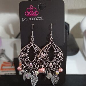 Paparazzi Silver and Pink Leaf Dangle Earrings